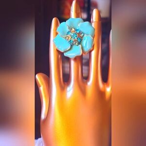 Turquoise/Gold Embossed‎ Ring Blue and Green rhinestones Sz 6-Adjustable